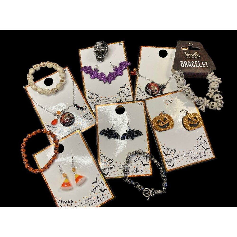 Halloween-Themed Jewelry Lot With Bracelets Earrings & Necklaces  -194